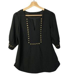 Angie Black V-Neck Chiffon Gold Studded Short Sleeve Blouse M